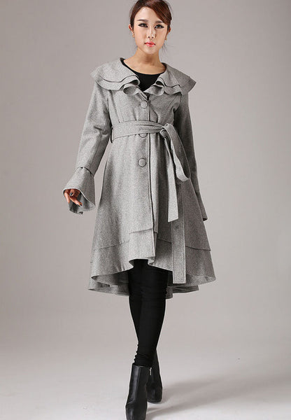 Wool Ruffled Coat – Women’s Vintage Belted Layered Hem Jacket 0763