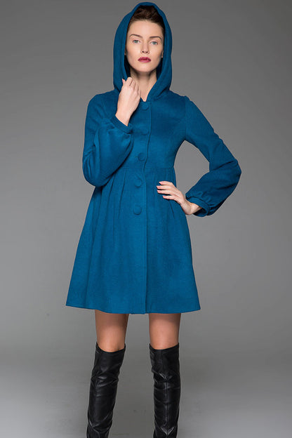 Handmade Wool Swing Coat – Blue Hooded Fit & Flare Winter Jacket | Xiaolizi 1419