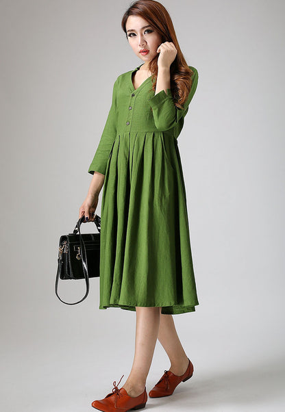 Green Linen Midi Dress - Pleated Waist V-Neck Casual Dress 891