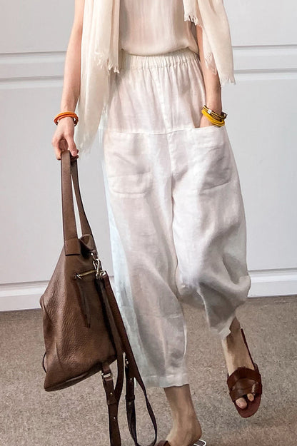 Brown Linen Wide Leg Cropped Pants - Elastic Waist, Front Pockets 3507