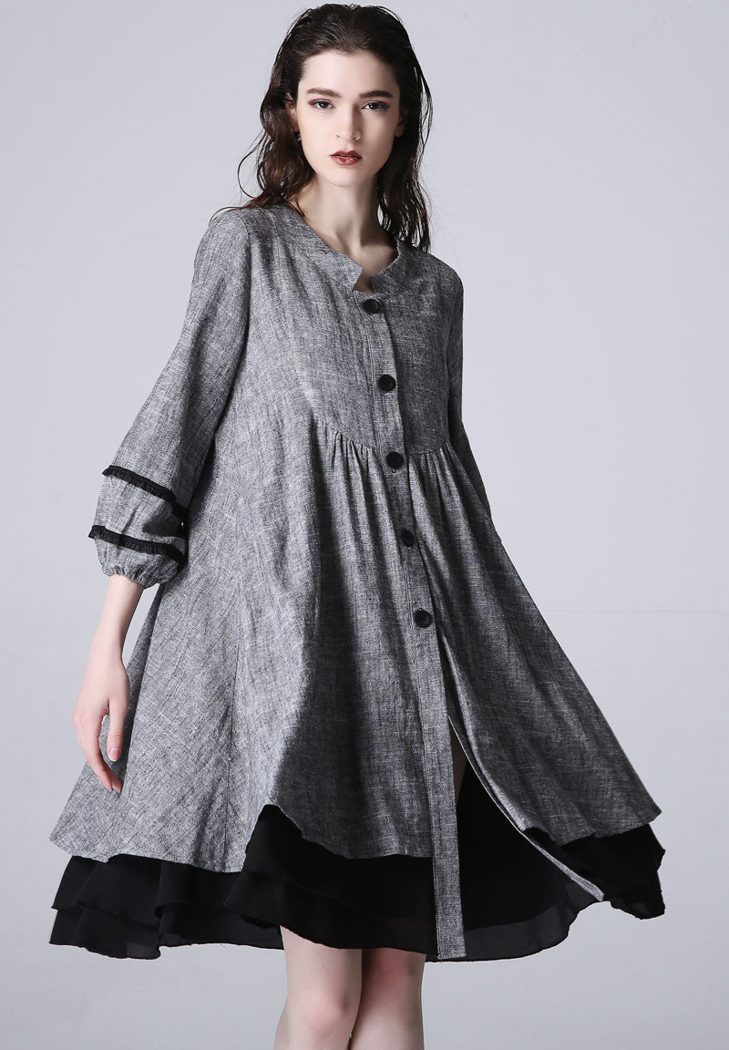 flowy shirt dress Grey Linen Blend Shirt Dress with Flowy Bishop Sleeves – Xiaolizi