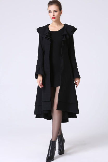 Black Wool Dress Coat – Elegant Ruffle Detail Belted Winter Coat 1062