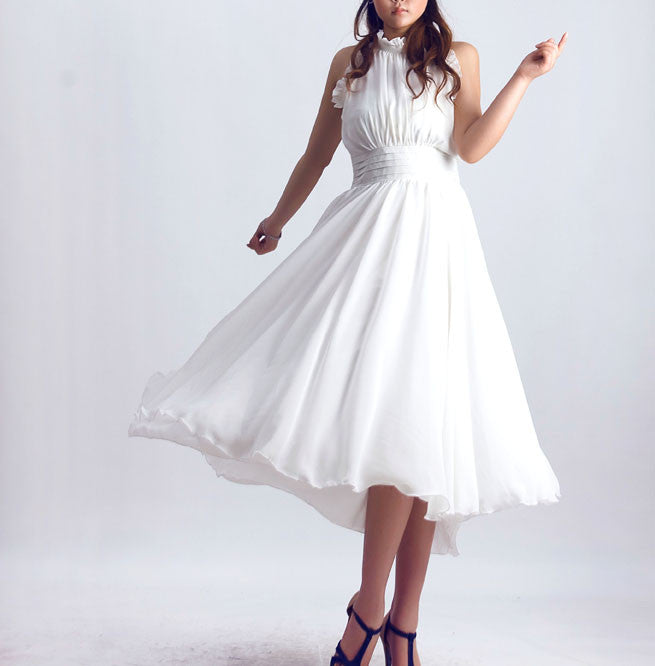 White Chiffon Maxi Dress with Ruffled Neckline