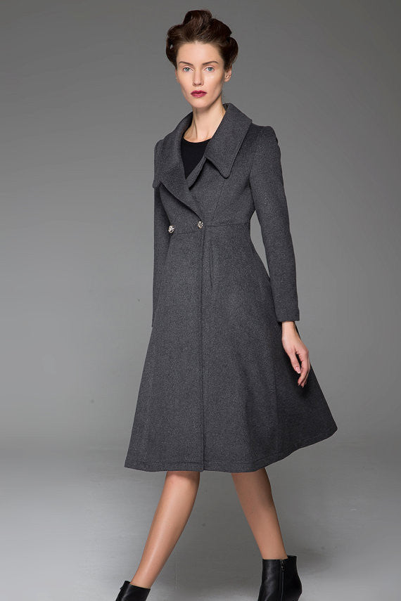 Classical Dark Gray Wool Coat Double-Breasted Winter Coat Oversize Collar Coat 1428#