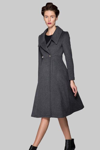 Dark Gray Wool Blend Coat – Handmade Belted Vintage Winter Elegance 1428
