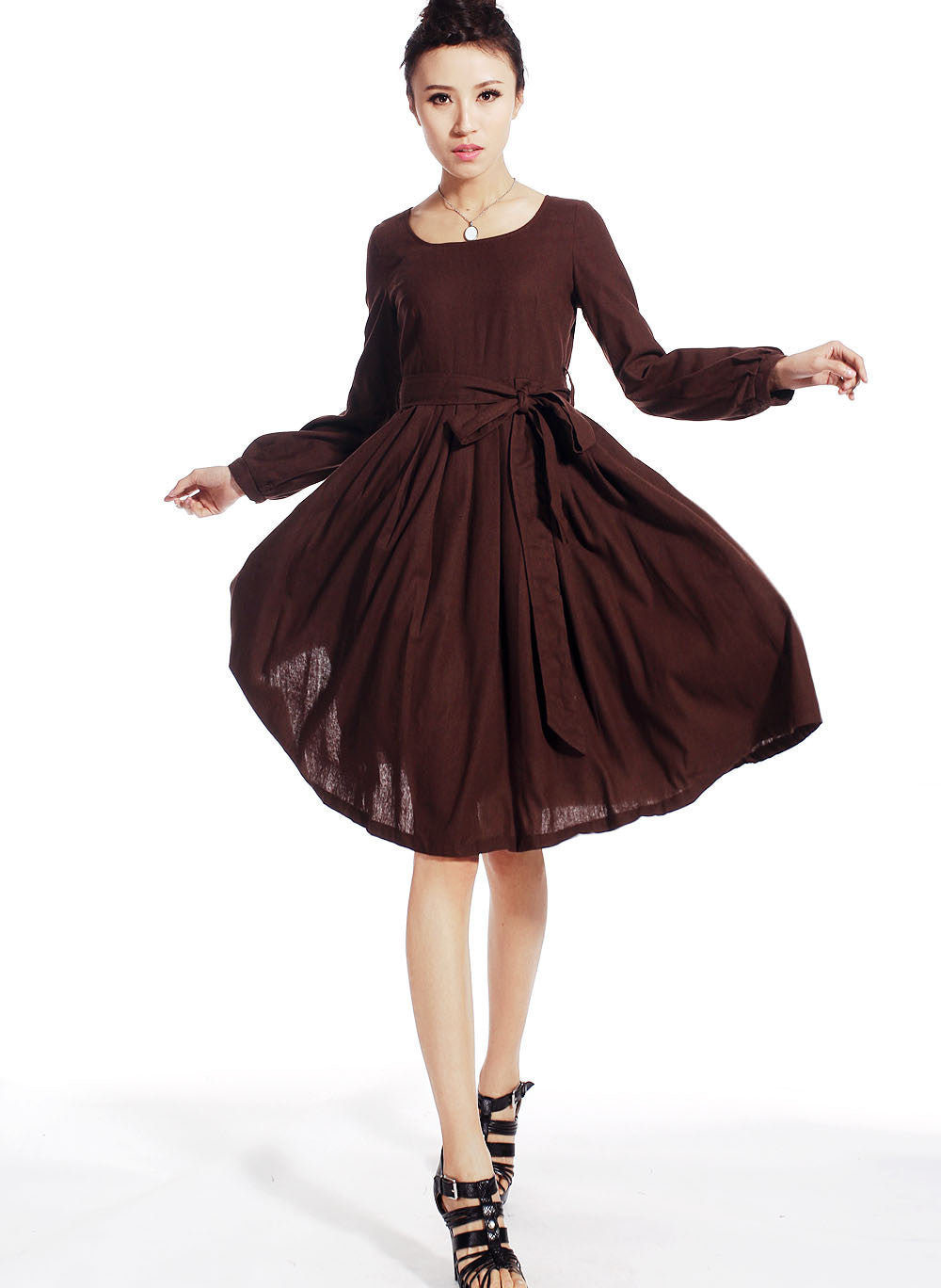 Brown linen midi dress (514) Xiaolizi Brown linen midi dress (514) Xiaolizi