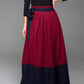 Wine Red Wool Skirt With Blue Stitching Hem and Long Unique Belt Maxi Skirt Winter Skirt 1429