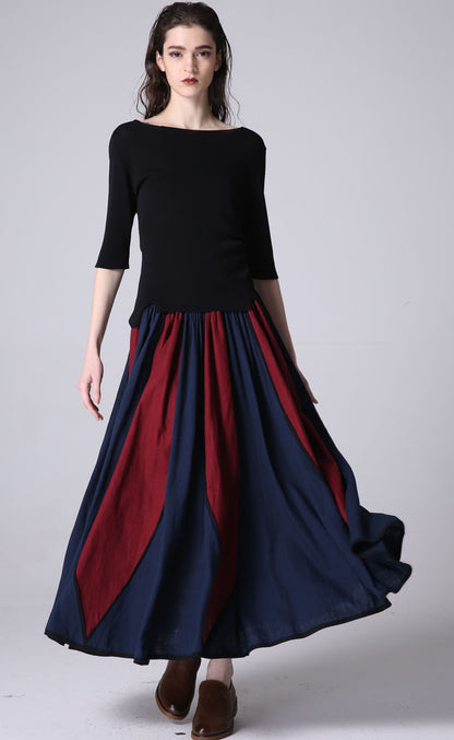 Royal Blue Red Patchwork Linen Maxi Skirt - Elastic Waist | Xiaolizi 1198