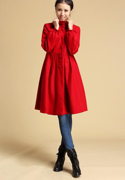 Red Wool Coat - Fit and Flare Winter Jacket with Button Front 328