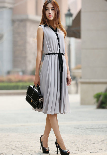 Gray Chiffon Midi Dress - Adjustable Waist and Button Front 917
