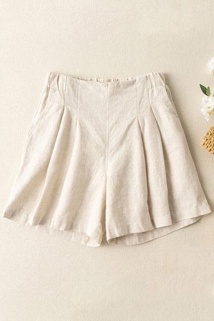 Yellow Cotton Linen Wide Leg Shorts - Loose Elastic Waist | Xiaolizi 3589
