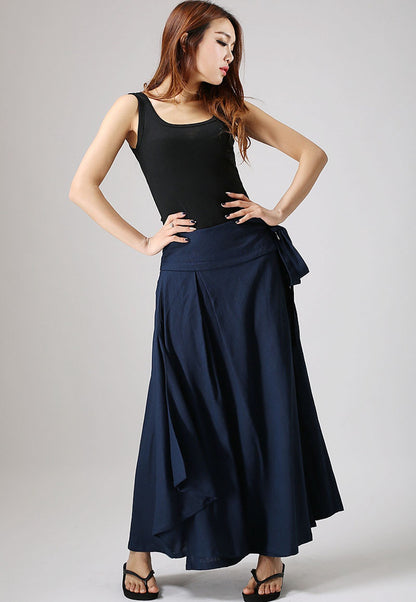 Blue Linen Wrap Skirt - Pleated Waist Tie Belt Ankle Length 874