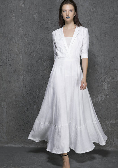 White Linen Maxi Dress - Big Collar, 3/4 Sleeve 1326