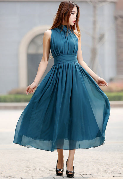Sleeveless Chiffon Dress – Blue Pleated Waist Midi Dress  918