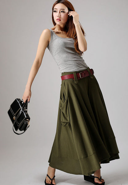Army Green Linen Maxi Skirt - Wide Flared Silhouette with Pockets 0885