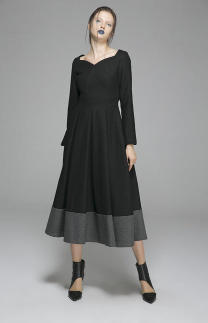 Handmade Wool Winter Dress – Black & Gray Color-Block Midi | Xiaolizi  1359