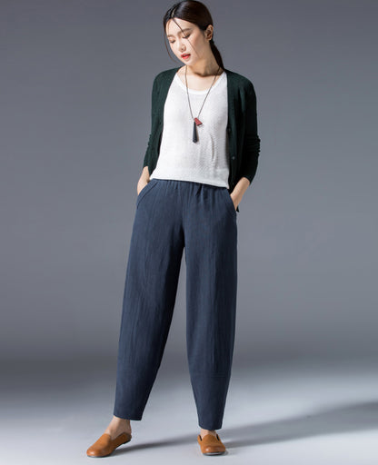 Navy Linen Cotton Ankle Pants - Elastic Waist Relaxed Fit 2504