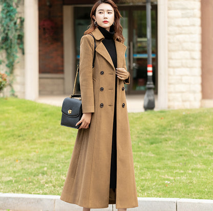 Wool Blend A-Line Coat – Vintage Double-Breasted Midi Winter Overcoat 246101
