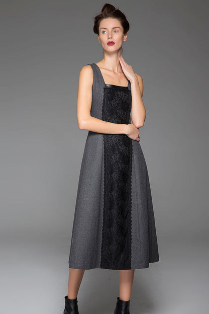 Gray Wool Midi Dress - Slim Fit with Black Lace Stitching 1447