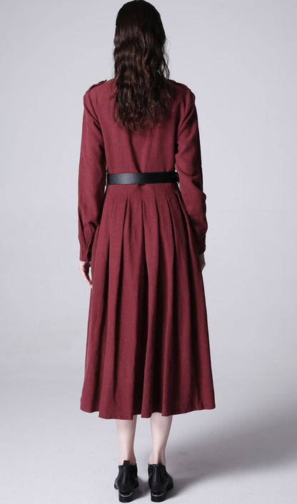 Red Linen Maxi Dress - Button Front, Long Sleeve 1170
