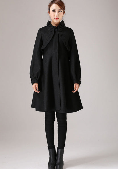 Vintage Wool Coat for Women – Handmade Black A-Line Winter Coat with Ruffle Shoulders | Xiaolizi 0775