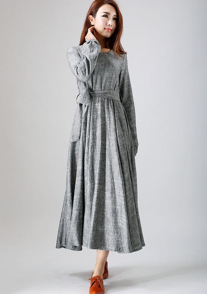 Grey Linen Maxi Dress - Flowy Silhouette with Round Neckline 790
