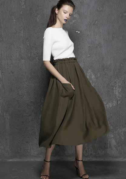 Army Green Linen Cotton Maxi Skirt - Elastic Waist with Draped Pockets 1335