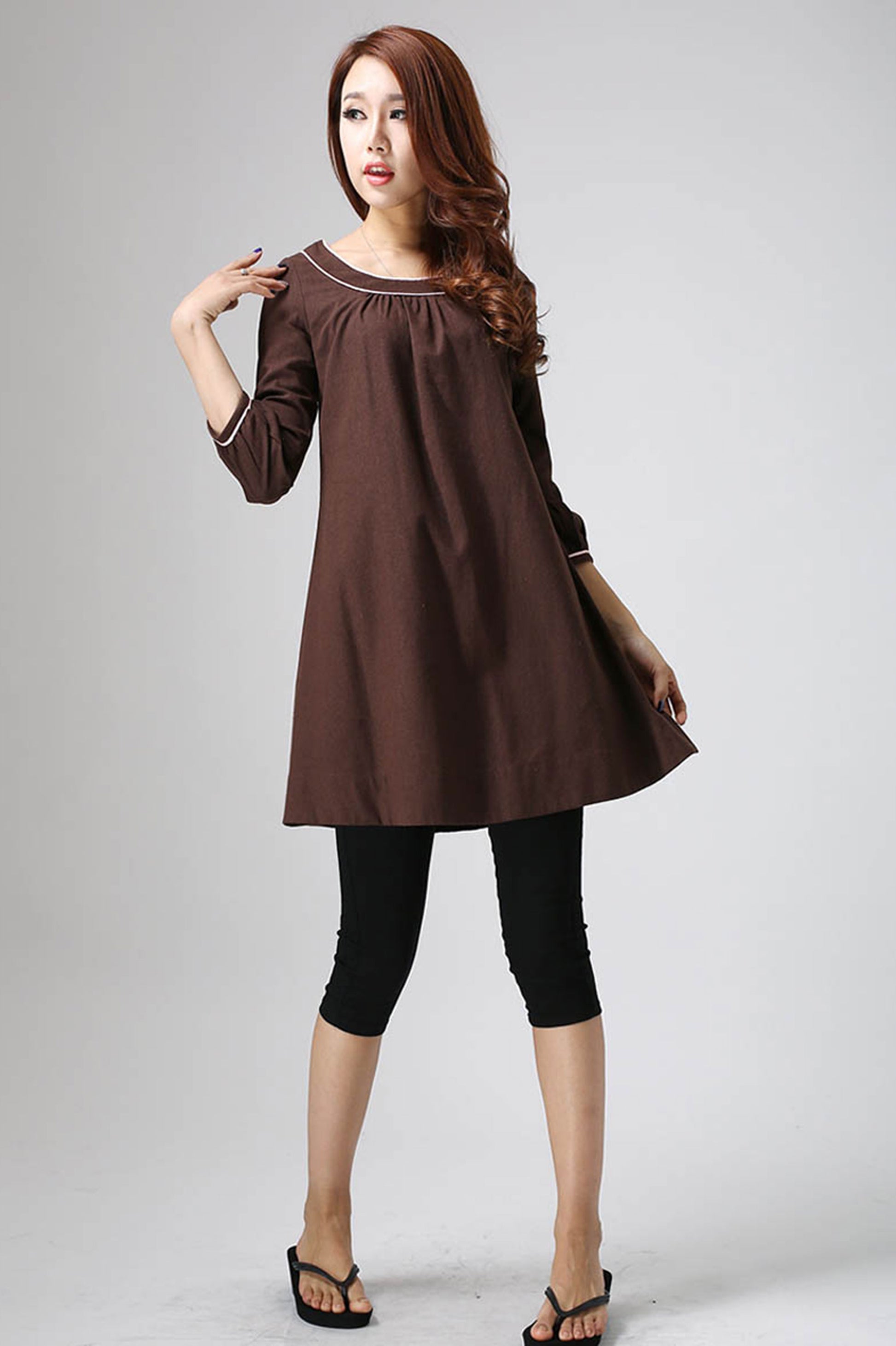 Handmade Brown Linen Tunic Dress 3/4 Sleeve A-Line Mini | Xiaolizi Handmade Brown Linen Tunic Dress 3/4 Sleeve A-Line Mini | Xiaolizi