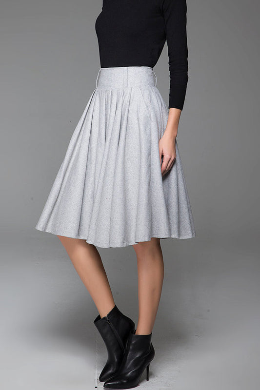 grey wool pleated mid skirt for winter 1434#