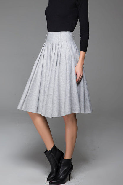 Grey Wool Midi Skirt - Pleated Flowy Silhouette with Pockets 1434