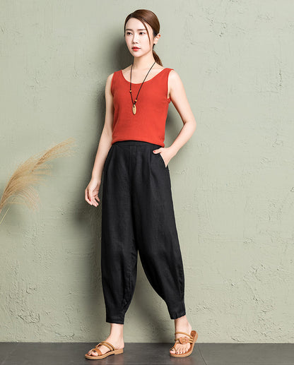 Rust Red Linen Cotton Wide Leg Pants - Back Elastic Waist Comfort 2607