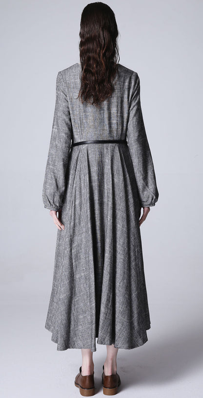 Gray Linen Maxi Dress - Loose Fit with Round Neckline and Long Sleeves 1167