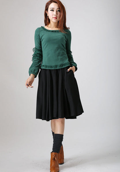 Handmade Black Linen Cotton Skirt – Flowy Below-Knee Summer Skirt | Xiaolizi 776
