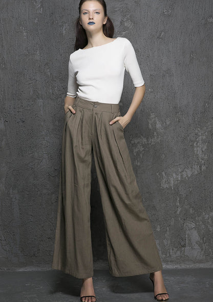 Dark Khaki Linen Cotton Palazzo Pants - Wide Leg Ankle | Xiaolizi 1337