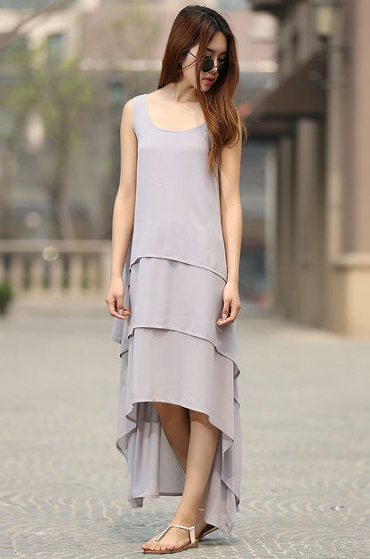 Handmade Gray Chiffon Layered Dress – High Low Hem Summer Maxi | Xiaolizi 932