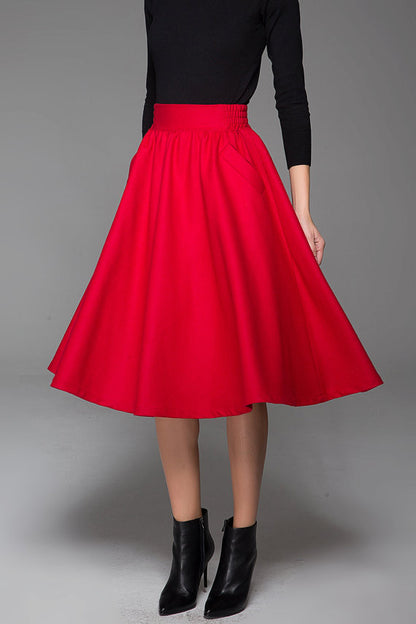 Red Wool Midi Skirt - Elastic Waist with Side Pockets 1430