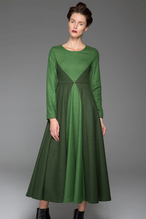 Green Wool Maxi Dress - Dark Green Stitching, Long Sleeves 1443