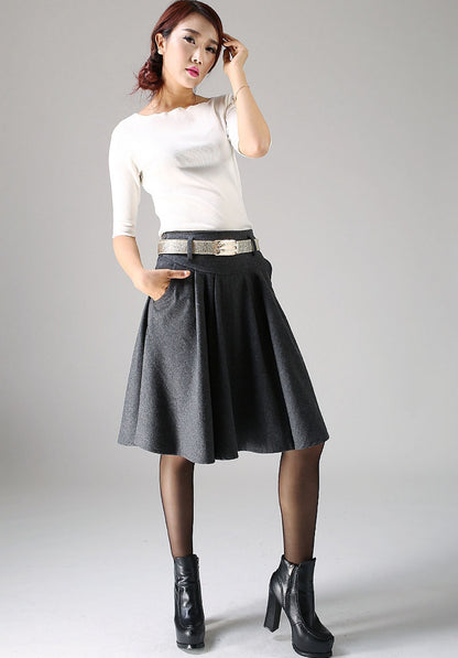 Dark Gray Wool Skirt – Vintage Fit and Flare Pleated Knee-Length Skirt 1099