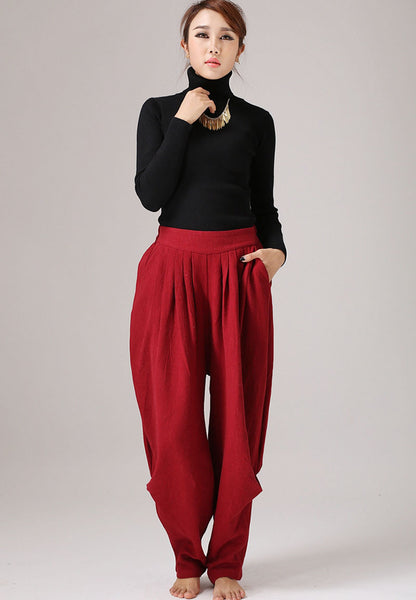 Red Linen Pleated Maxi Pants - Elastic Waist, Casual Comfort 774