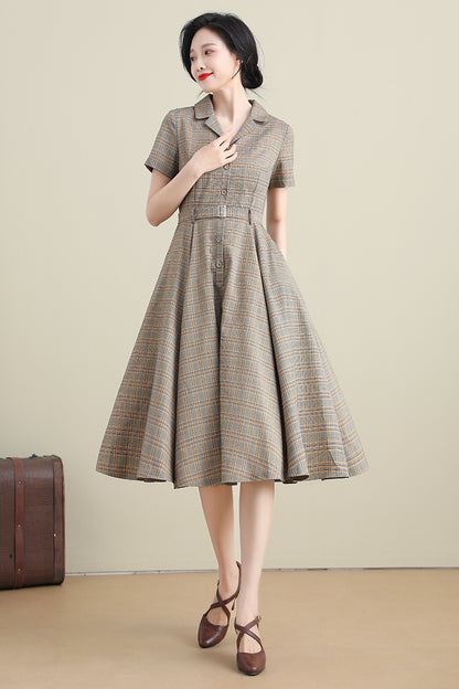 Plaid Linen Cotton Midi Dress - Swing Silhouette with Short Sleeves 3276
