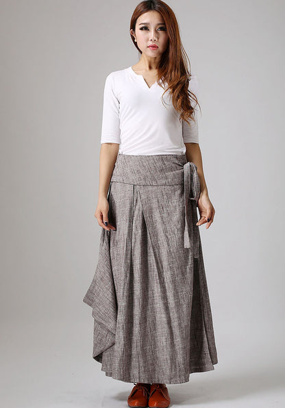 Gray Linen Cotton Wrap Maxi Skirt - Pleated Waist Tie Belt 872