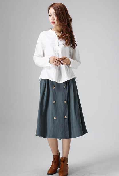 Army Green Linen Midi Skirt - Button Detail, Elastic Waist 823