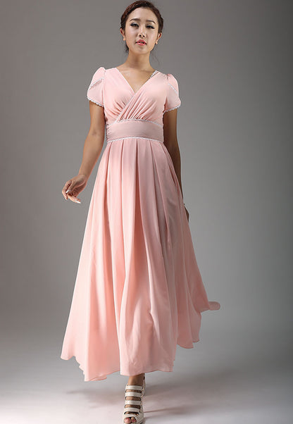Pink Chiffon Maxi Dress - Flowy Swing, V-Neckline 638