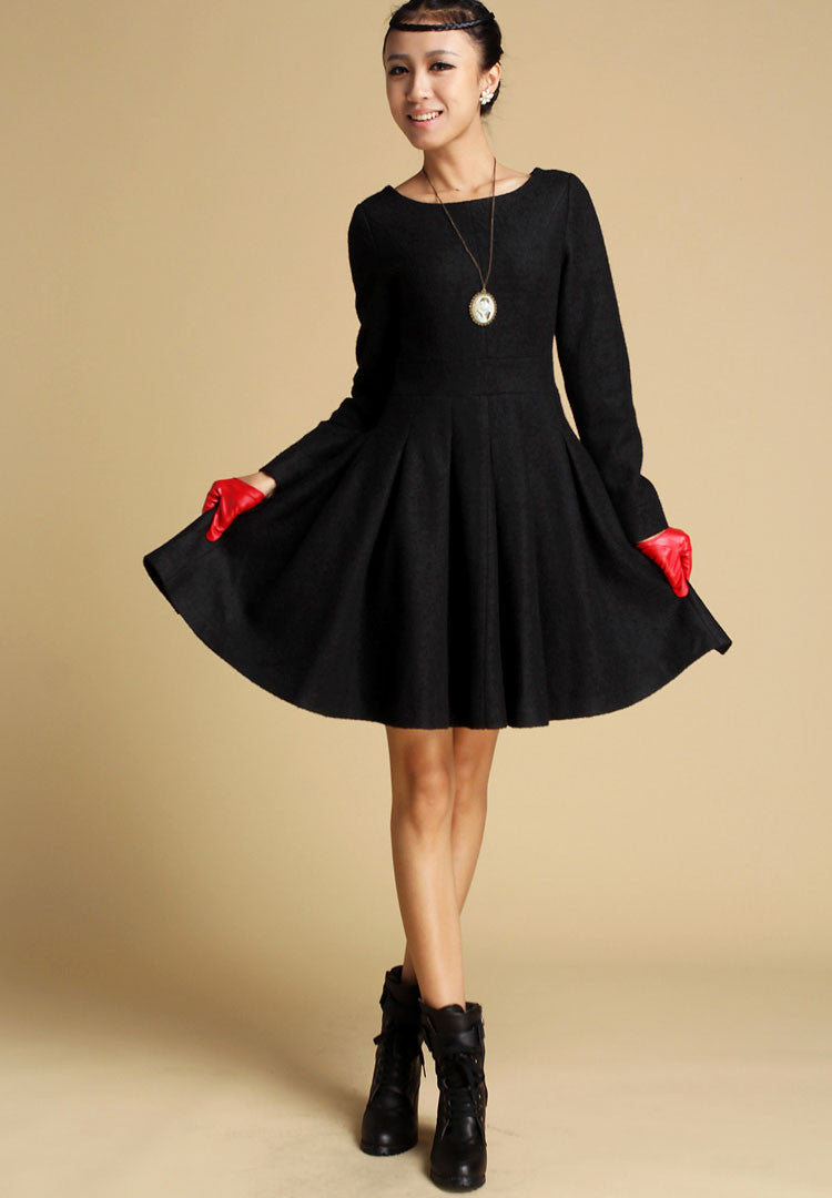 Black Wool Mini Dress with Flared Skirt and Long Sleeves Xiaolizi Black Wool Mini Dress with Flared Skirt and Long Sleeves Xiaolizi