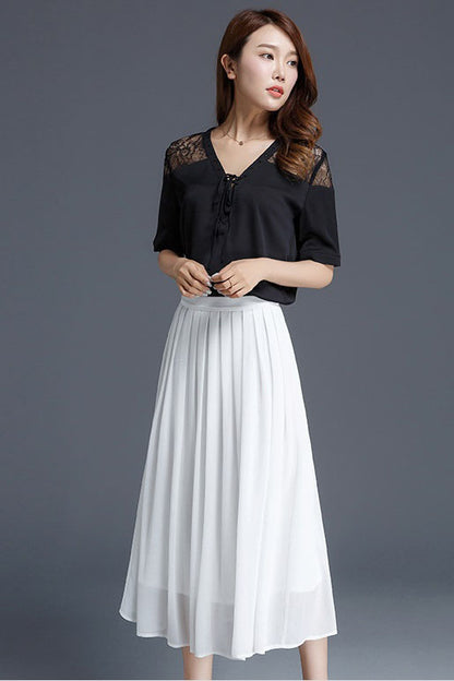 White Chiffon Midi Circle Skirt - Soft Pleated Swing 2901