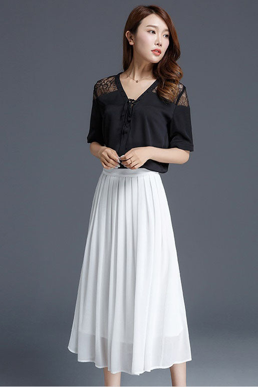 Women's White Midi Soft Pleated Chiffon Skirt 2901