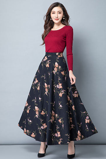 Black Floral Linen Skirt - High Waist A-Line Maxi Skirt 4111
