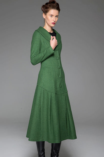 Green Wool Coat – Vintage Single-Breasted Long Winter Overcoat for Women 1413