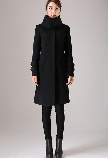 Black Wool Coat – High Collar Minimalist Winter Overcoat with Belted Cuffs 751