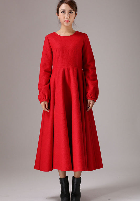 Wool Maxi Dress Red Long Dress Long Sleeve Dress (766)